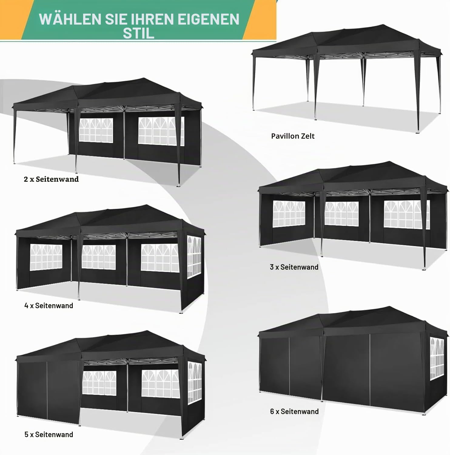 COBIZI Faltpavillon 3x6m Pavillon Wasserdicht Stabil Partyzelt Faltbar | 3 Höhen, Tente de réception d’extérieur avec 6 parois latérales anti-UV pour mariage, extérieur, jardin, fête et marché