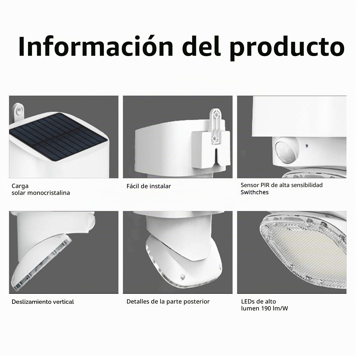 Luces LED solares de pared de 2000 lm, seguridad familiar, sensor de movimiento inalámbrico PIR con gran angular de 120, impermeable IP65, luces fáciles de instalar para puerta delantera