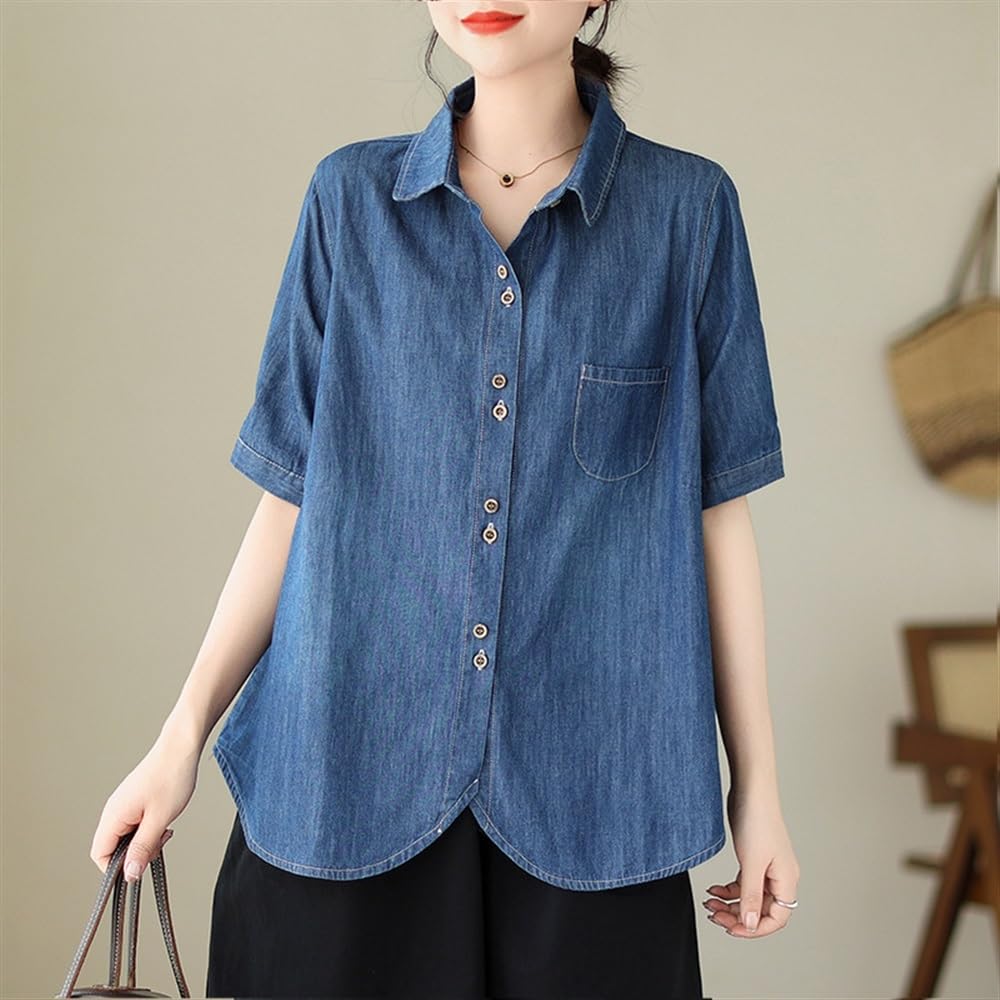 2024 Femmes Poids Léger Manche Courte Denim Chemise Hauts Été Mode Revers Boutonné Occasionnel Ample Fluide Blouse