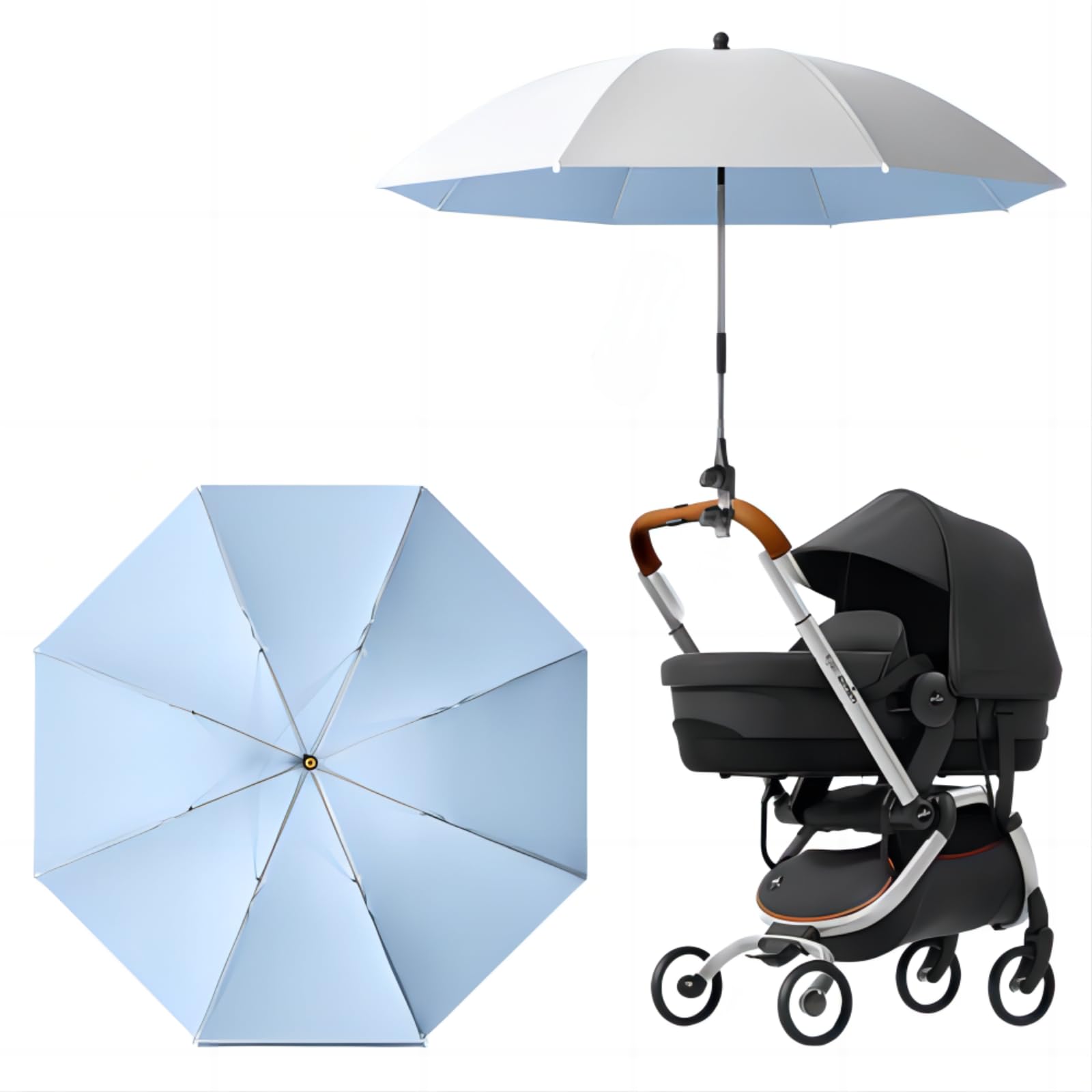 PUBANGJM 92cm Sombrilla Carrito Bebe Universal Portátil, Parasol Carro Bebe Universal Con Clip Ajustable Rotación 360 °, Clip De Protección UV En El Cochecito De Paraguas Acoplable