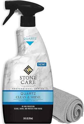 Stone Care International Limpiador y pulido de cuarzo, 24 onzas con paño de microfibra, limpia y brilla tus encimeras de cuarzo, islas y superficies