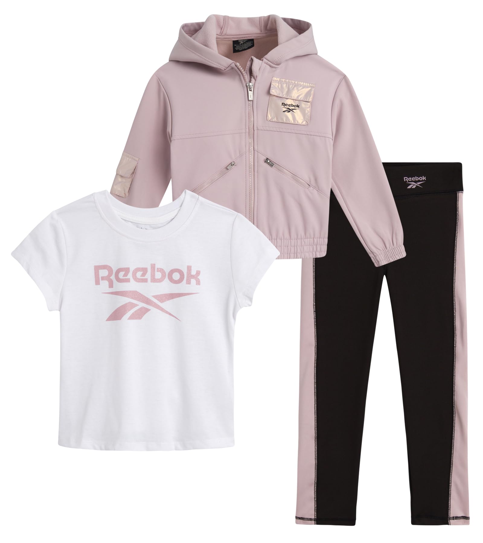 Reebok Set di abbigliamento sportivo per bambine e bambine, 3 pezzi, in pile, con felpa con cappuccio e pantaloni da jogging