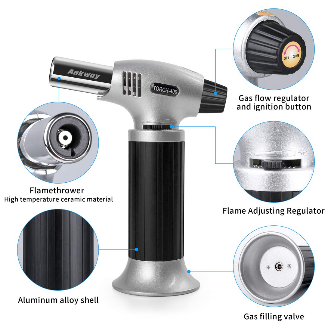 Ankway Flambierbrenner Bunsenbrenner Blowtorch mit Sicherheitsschloss, Einstellbarer und Nachfüllbarer Küchenbrenner für Hausgemachte Creme Brulee, Dessert, Camping, Grillen (Butane Not Included)