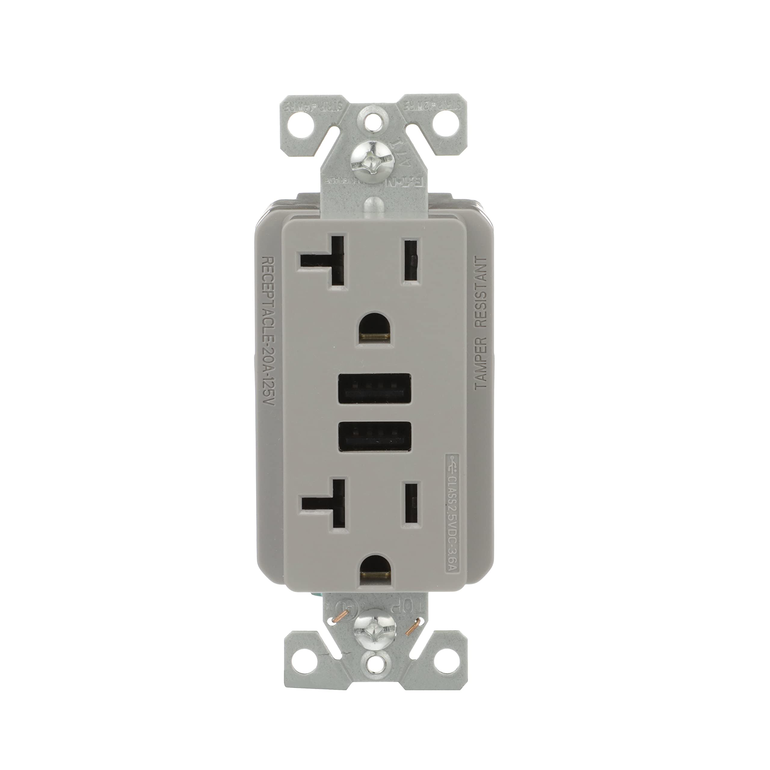 Eaton3.6A USB Type A Charger with TR Duplex Receptacle 20A/125V, Gray