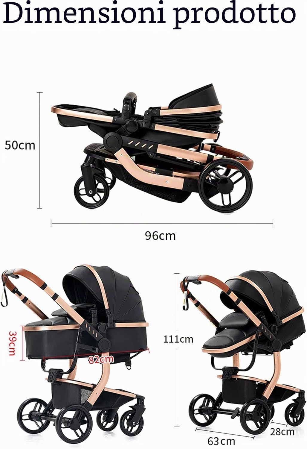 MoLi Pelle PU Passeggino Trio, Passeggino 3 in 1 con Doppia Modalità Push Reversibile, Trio Passeggino Neonati con Grande Navicella, Carrozzina per Neonati in Alluminio Pieghevole (518 Khaki)