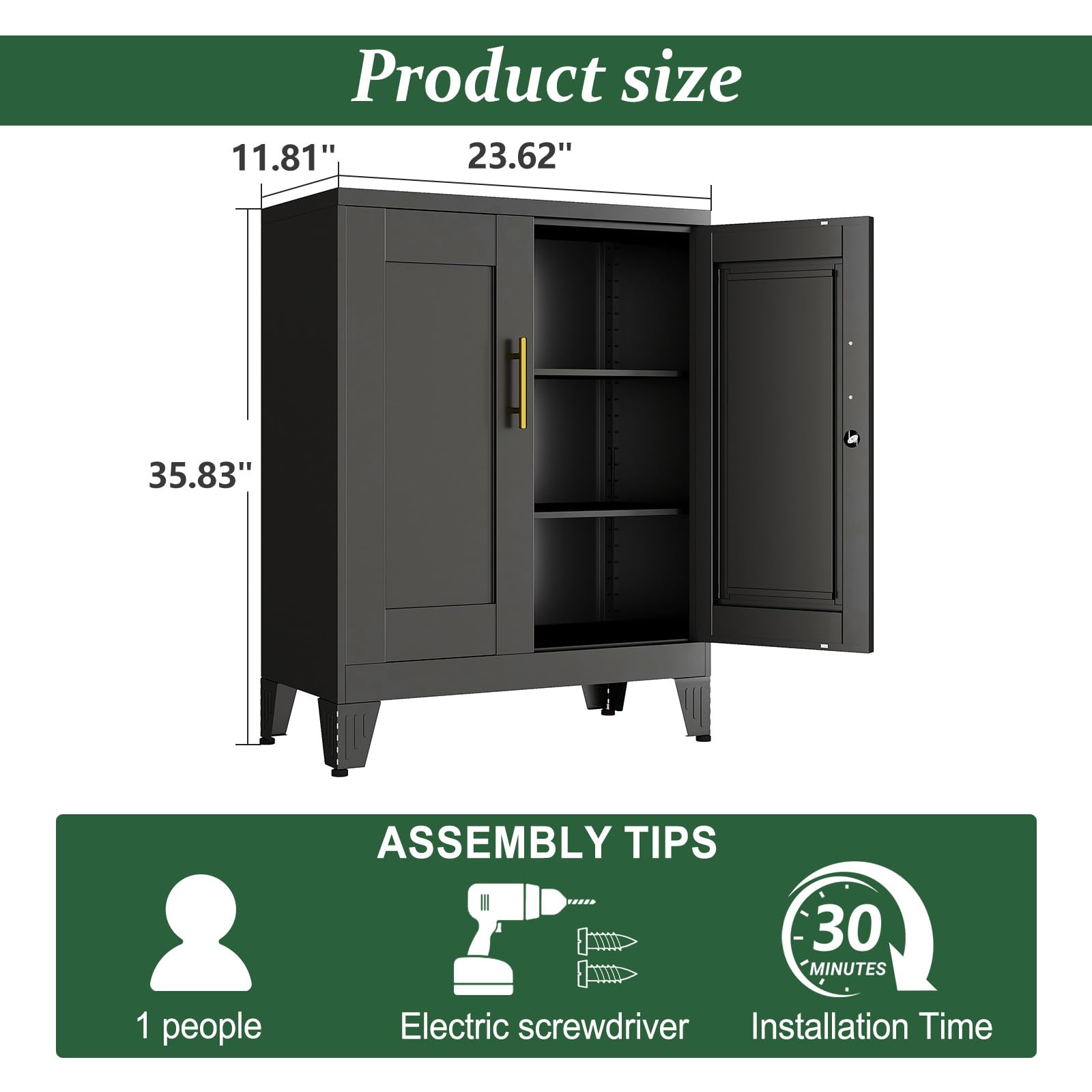 RISTERN Black Metal Storage Cabinet, 36" Tall Locking Storage Cabinet with 2 Adjustable Shelves, Steel Locker Organizer, for Office, Home, School, 11.81" D x 23.62" W x 35.83" H
