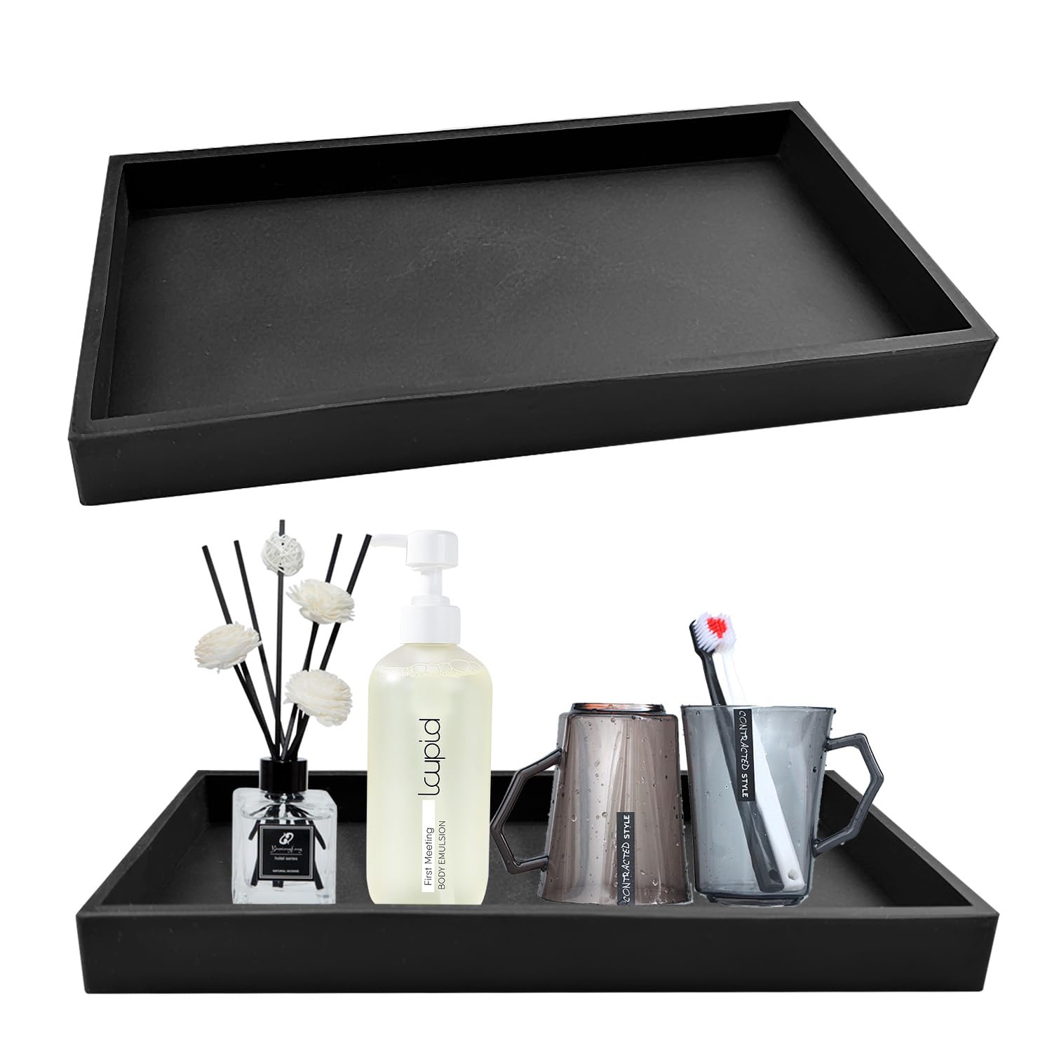 2 Piezas Bandeja Negra, 20x10x2cm Bandeja Baño, Silicona Antideslizante, Reutilizable Bandeja de Baño Adecuado para Colocar Gel Ducha Tazas Toallas Cosméticos Joyas