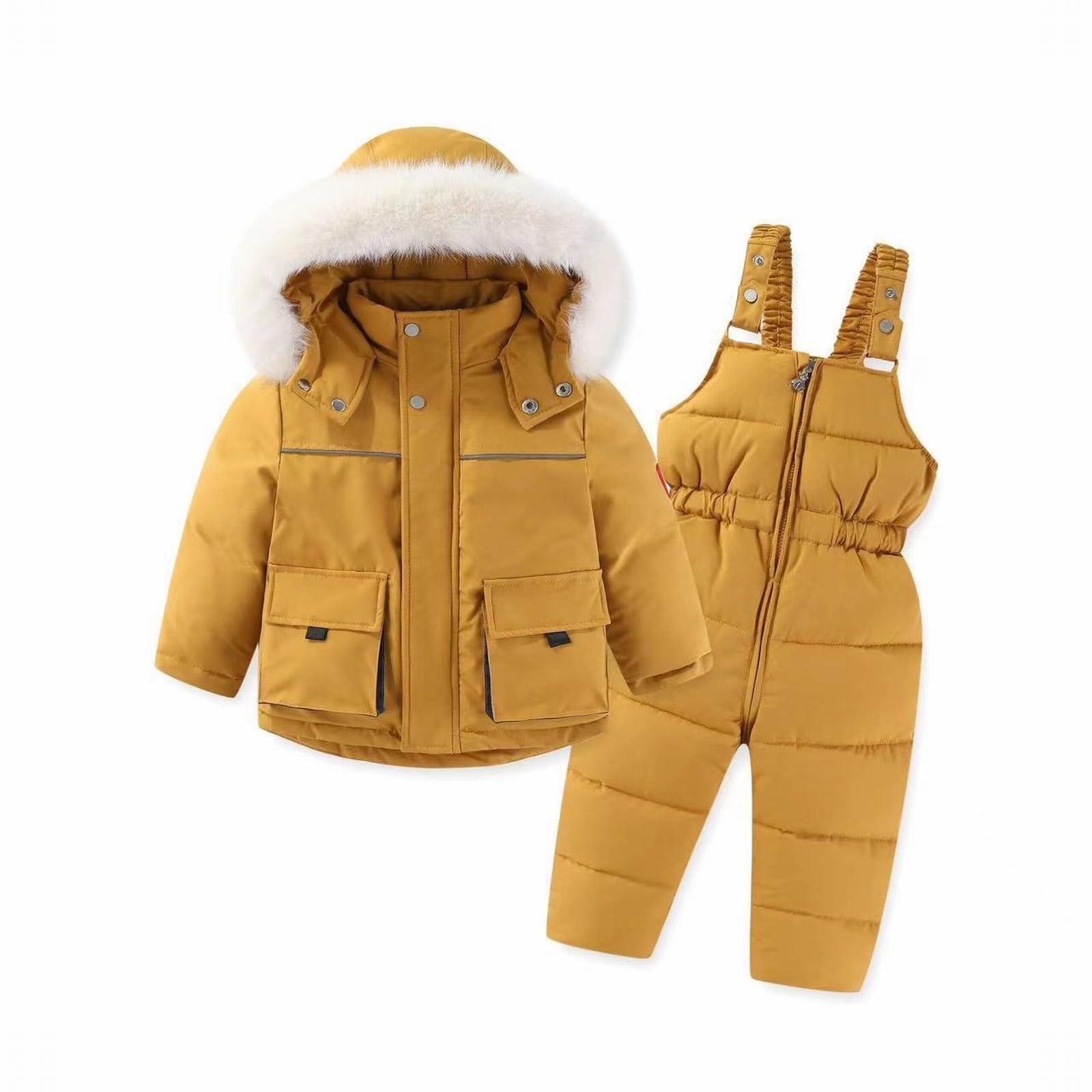 Generisch Conjunto de traje de nieve, abrigo, babero de plumón para niños + chaqueta con capucha, 2 pantalones de bebé, trajes para niñas y conjunto de chaleco para hombre al aire libre negro
