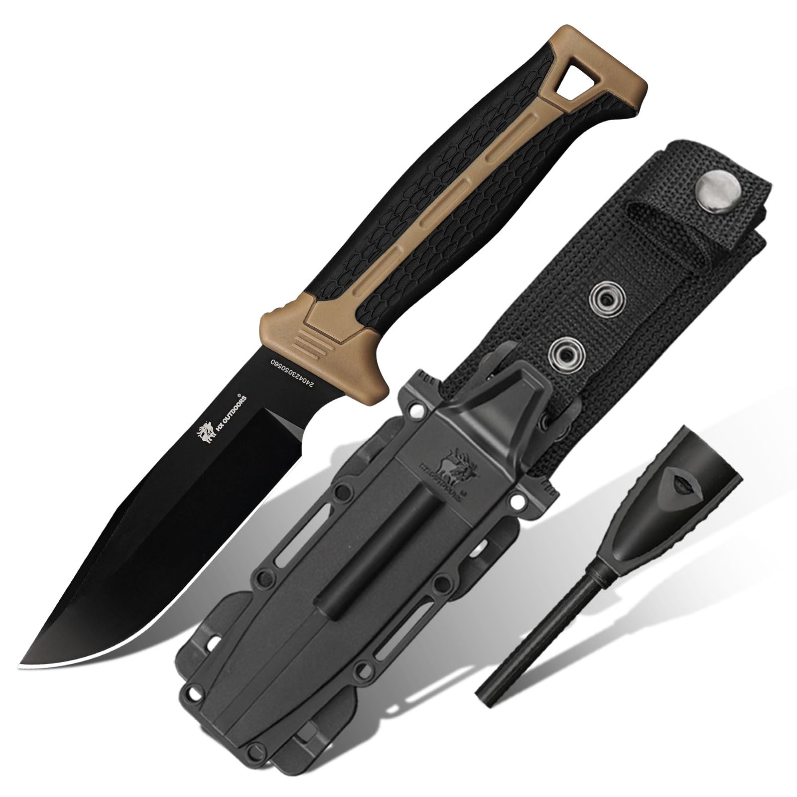 HX OUTDOORS Fixed Blade Bushcraft Knife with Fire Starter, D2 Steel Camping Knife with Kydex Sheath for Outdoor, Hiking, Backpacking (Brown)