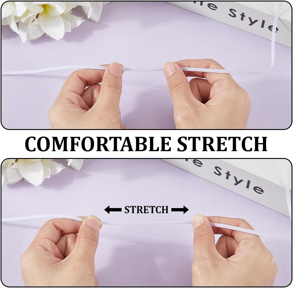 100 Yards 0.12 Inch White Elastic Band High Elasticity Fibre Flat Braid Rope Cord Heavy Stretch Knit Spools Bands for Sewing Making Pants Hair Hats Loop Ties Swimwears Bras DIY Craft Supply