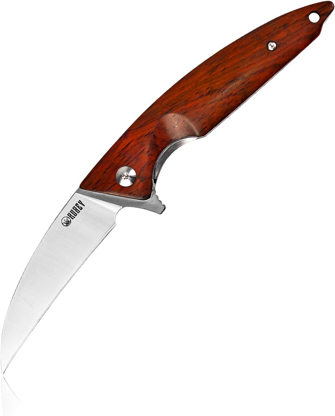 KUBEY KU207 Hunting Folding Knife with Clip Wooden Handle and D2 Blade Bearing Outdoor Camping Hiking Pocket Tool Knives