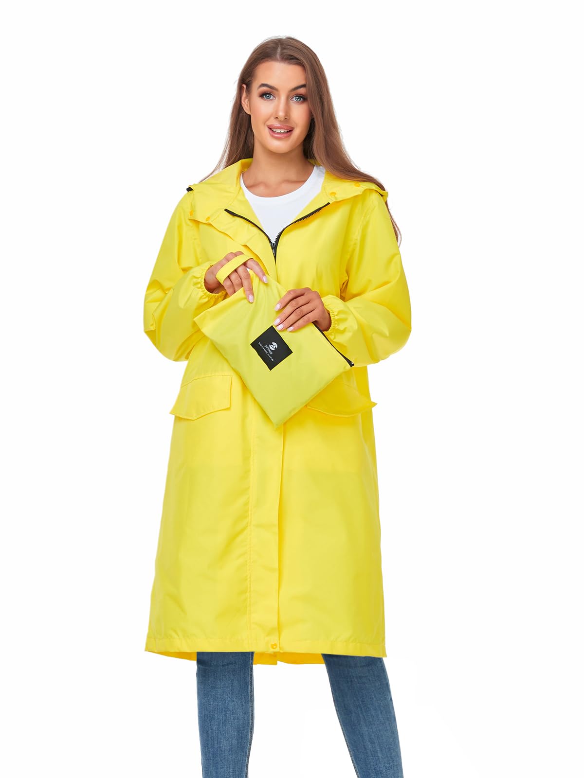 SaphiRose Women's Long Rain Jacket Waterproof Lightweight Hooded Raincoat Packable Knee Length Rain coat