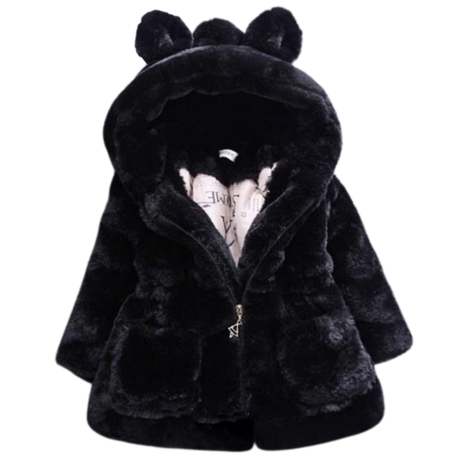 Easygou Kids Toddler Baby Girls Warm Faux Fur Coat Jacket Cute Hooded Thicken Fleece Plush Outerwear Winter Pockets Zip Fuzzy Snowsuit 1 2 3 4 5 6 Years