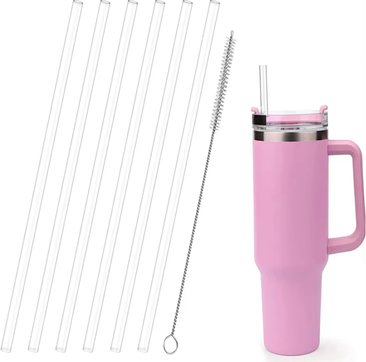 Reusable Straws 6-Pack with Stainless Steel Cleaning Brush - Compatible Replacement Straws for 40 oz Quencher Tumbler - Durable, Eco-Friendly Plastic Drinking Straws for Smoothies, Juices, and More