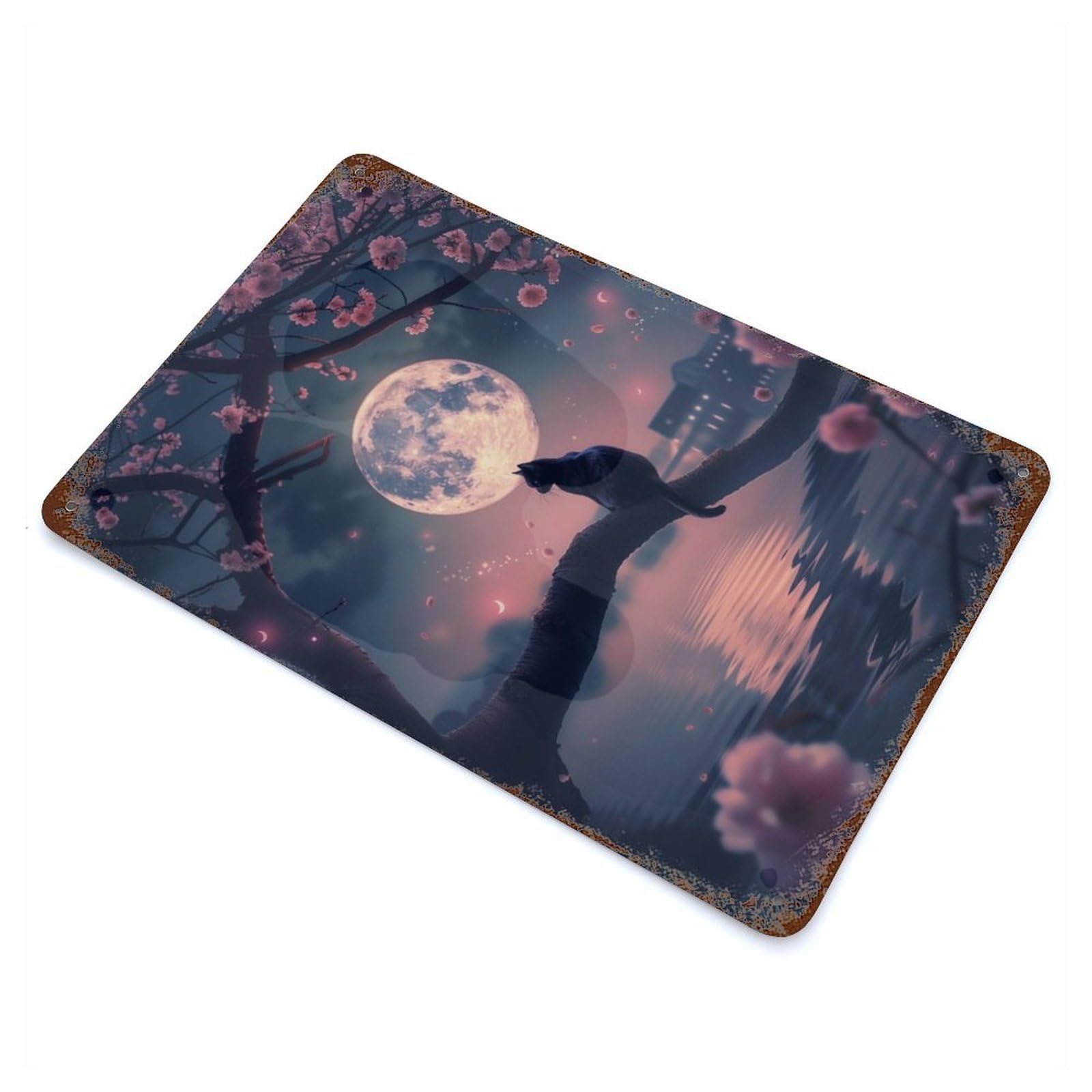 Cat Moon Decorative Tin Sign 11.8"x7.9", for Bistro, Counter And Cafe Decor, Retro Wall Decor