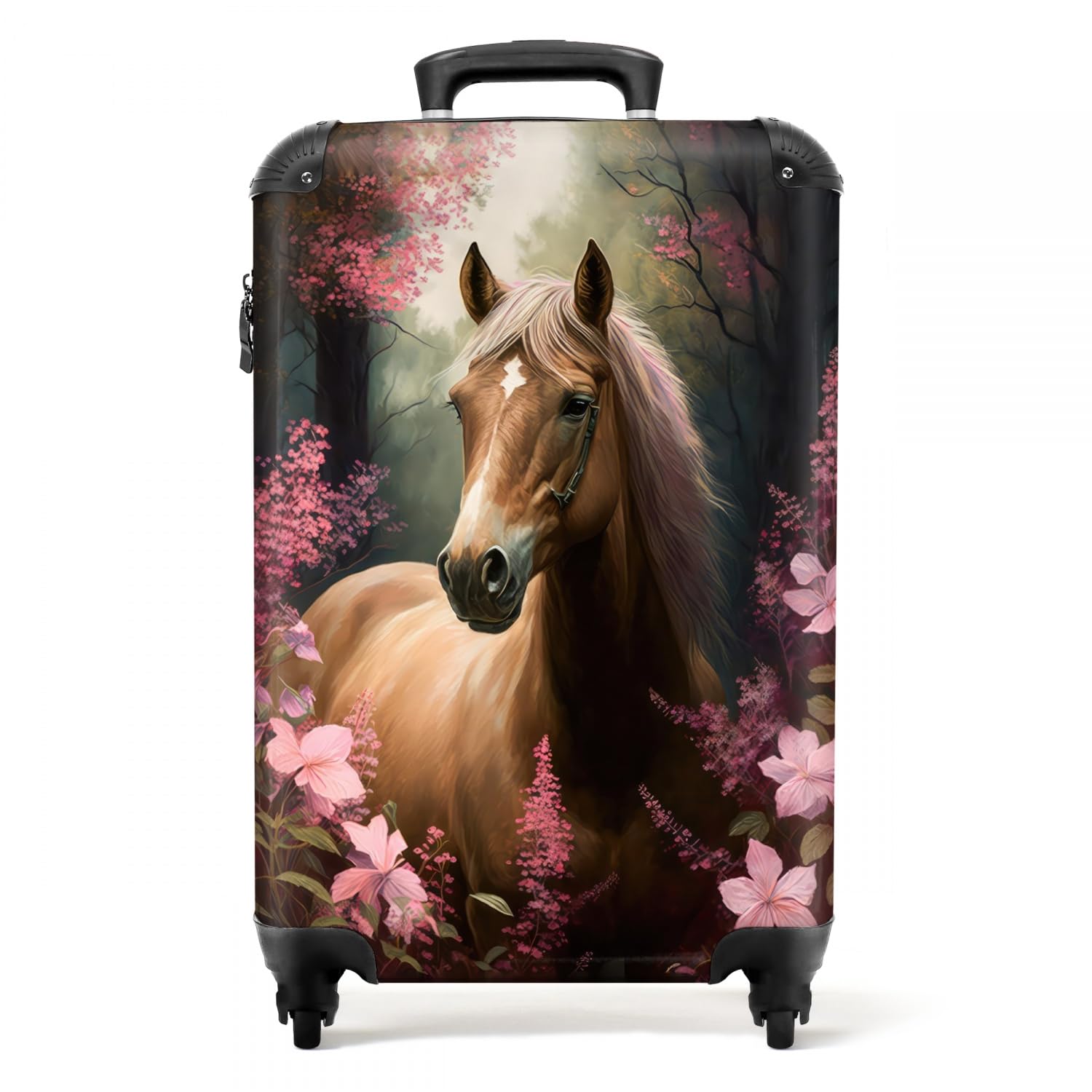 NoBoringSuitcases.com® Kinderkoffer Mädchen Reisekoffer mit Rollen Handgepäck Koffer Pferd - Rosa Blumen - Natur - Wald - 55x35x20cm