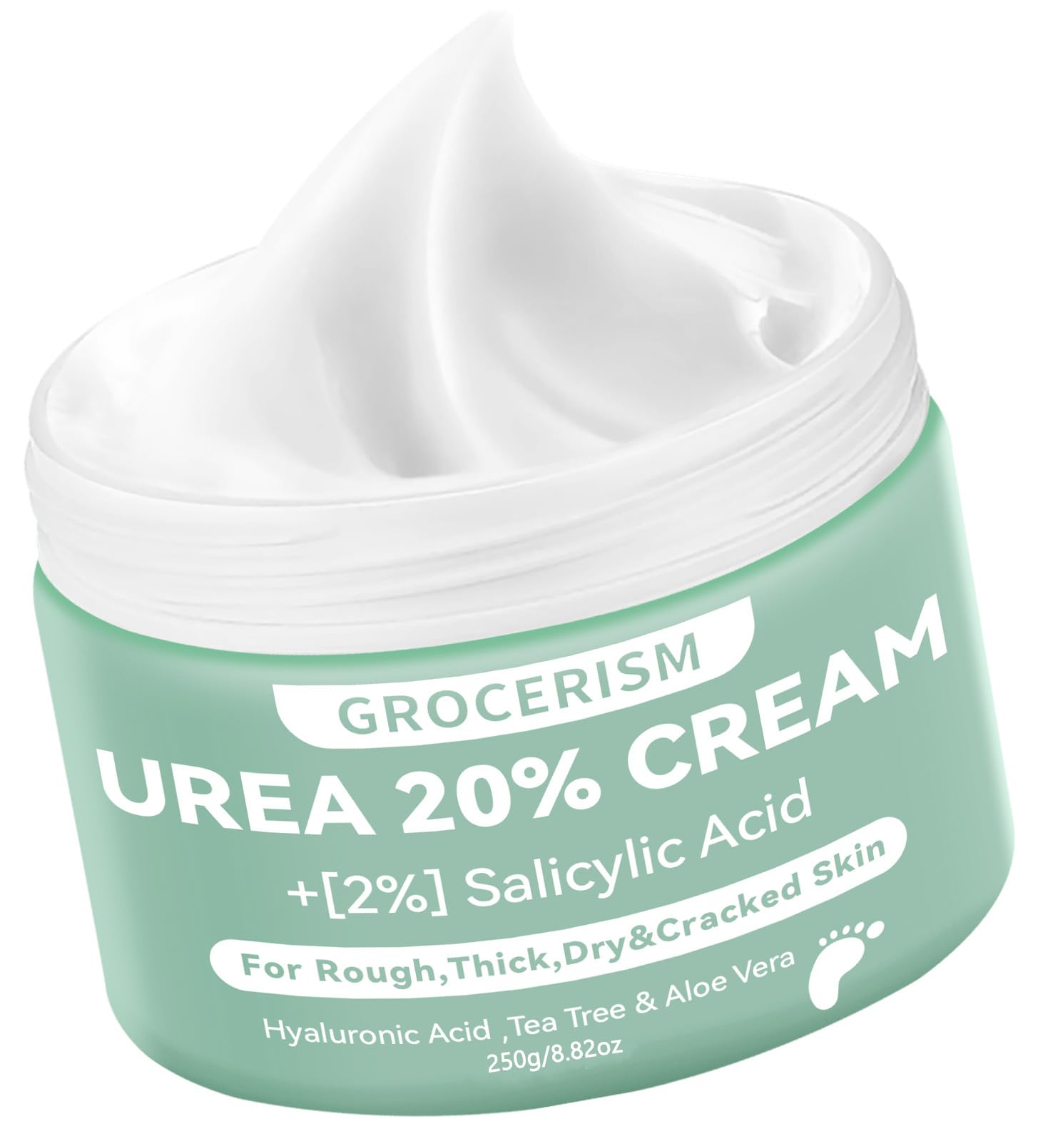 Grocerism Urea Cream 20 Percent For Feet Plus 2% Salicylic Acid 8.82 oz || Foot Cream and Hand Cream Maximum Strength with Hyaluronic Acid, Tea Tree, and Aloe Vera for Deep Moisturizes, Callus Remover
