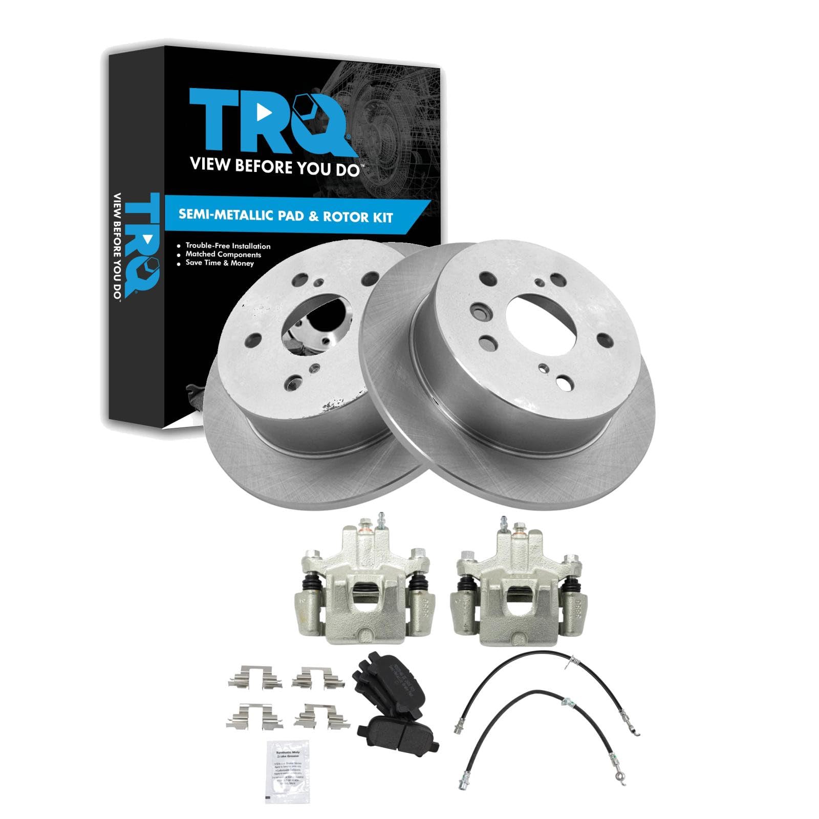 TRQ Rear Brake Pad and Rotor Set Semi Metallic Calipers Compatible with 2006-2007 Toyota Avalon 2006-2008 Solara