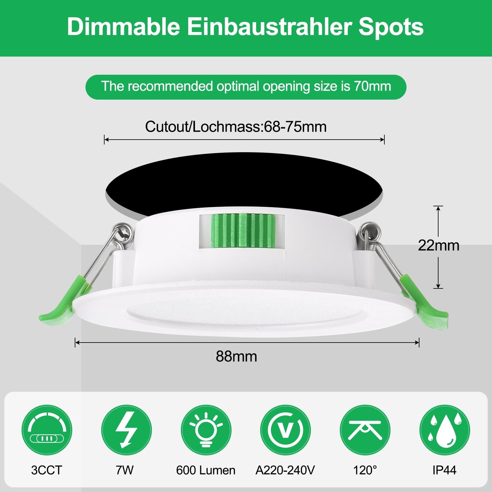 LED Einbauleuchten, 7W Dimmbar LED Spots 230V Deckenstrahler mit 68–78 mm Einbaudurchmesser, Warmweiß 3000K Neutralweiß 4000K Kaltweiß 6500K für Küche und Badezimmer, 20er Set | 68–78 mm Einbaudurchmesser, Warmweiß 3000K, Neutralweiß 4000K, Kaltweiß 6500K