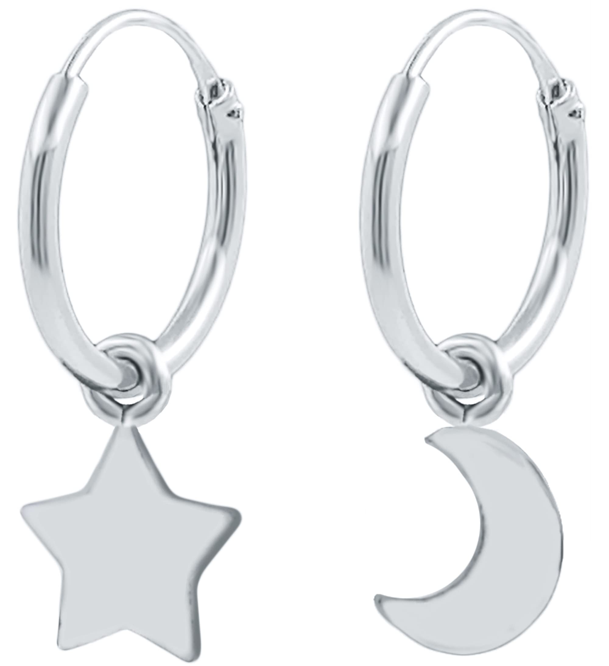 ENTREPLATAPendientes de Aro Plata de Ley 925 Par de Aretes Criollas Sterling Silver Unisex Dos Aros con Charm Colgante de Pequeña Media Luna y Estrella