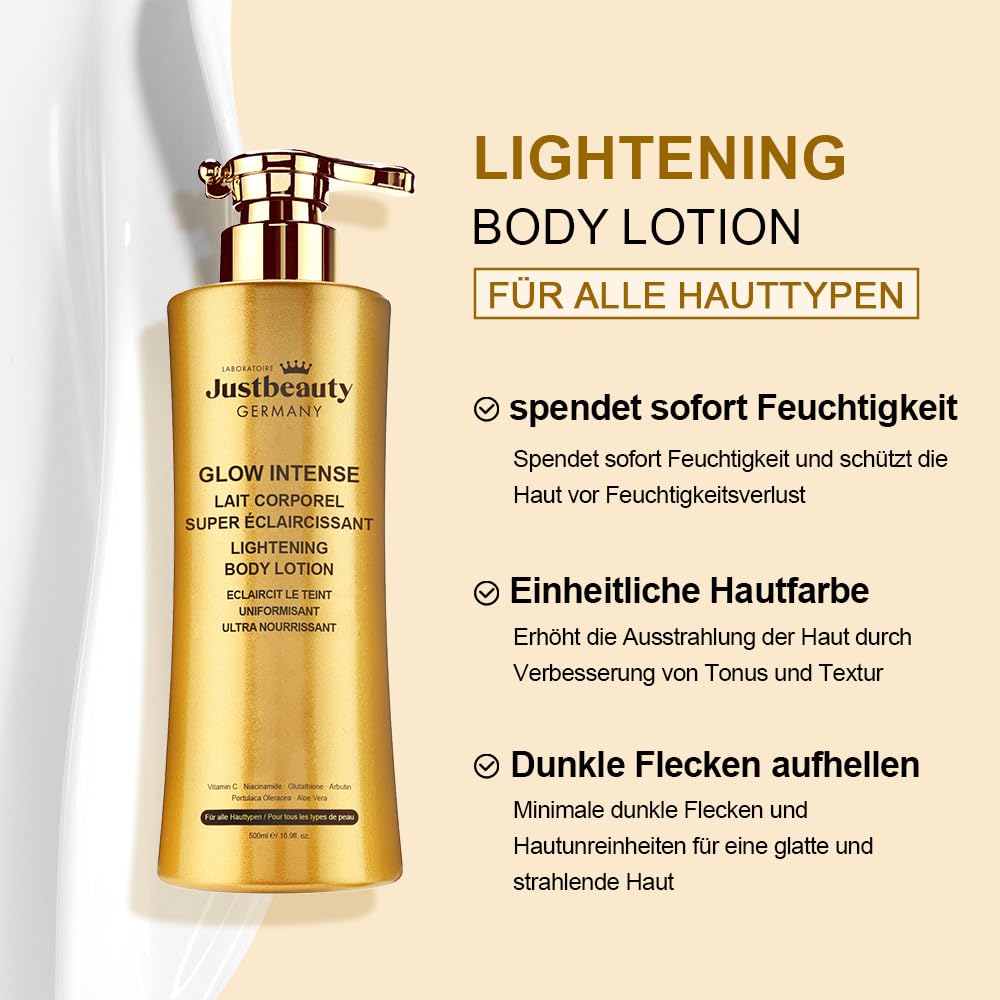 Glow Intense – Lait Corps Unifiant & Éclat 500 ml – Aide à améliorer l’apparence des taches pigmentaires et du teint irrégulier – Niacinamide, Acide Tranexamique & Alpha-Arbutine – Justbeauty Germany