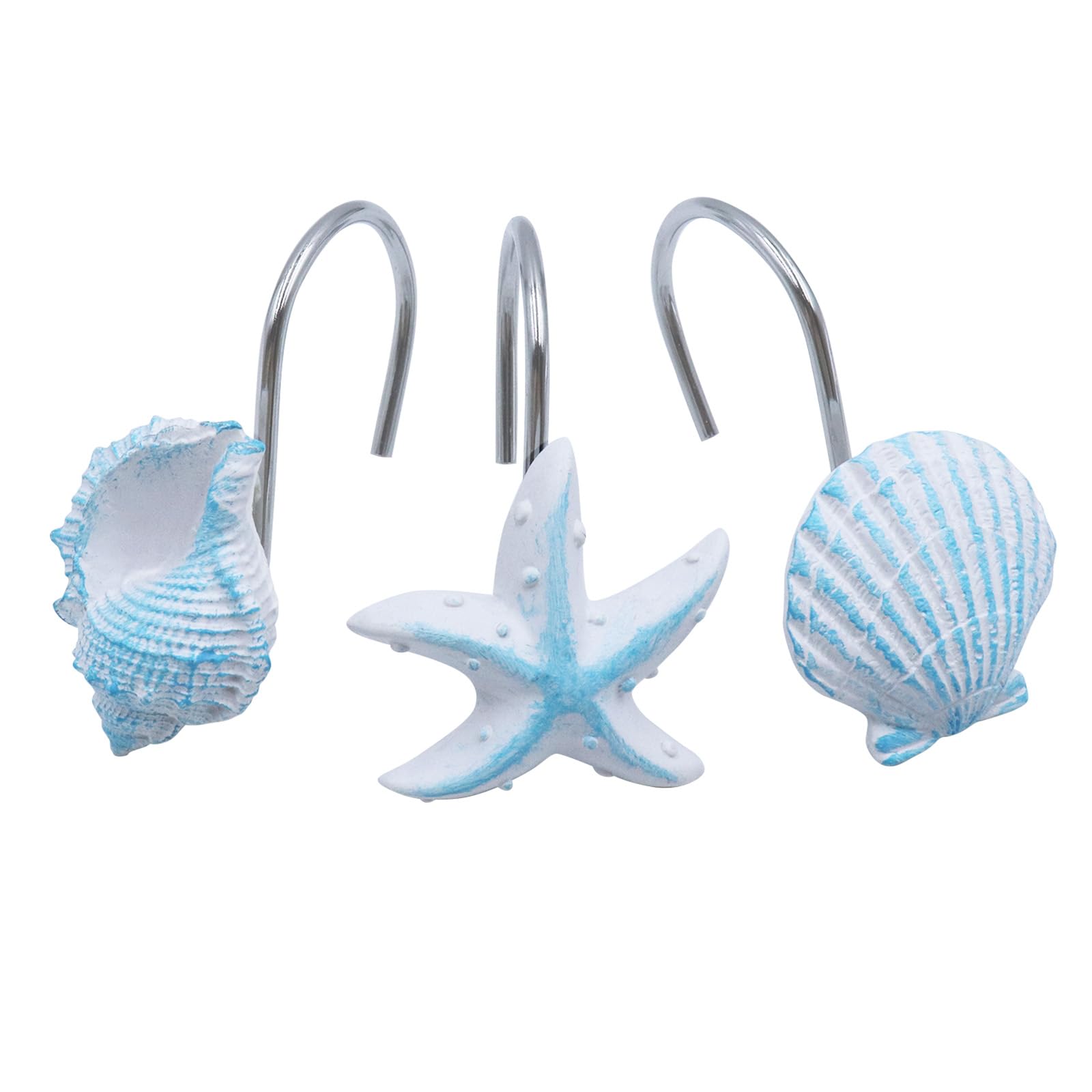 Seashell Decorative Shower Curtain Hooks Beach Starfish Conch Shower Curtain Rings Beach Nautical Hanger for Bathroom 12 PCS Aqua Blue