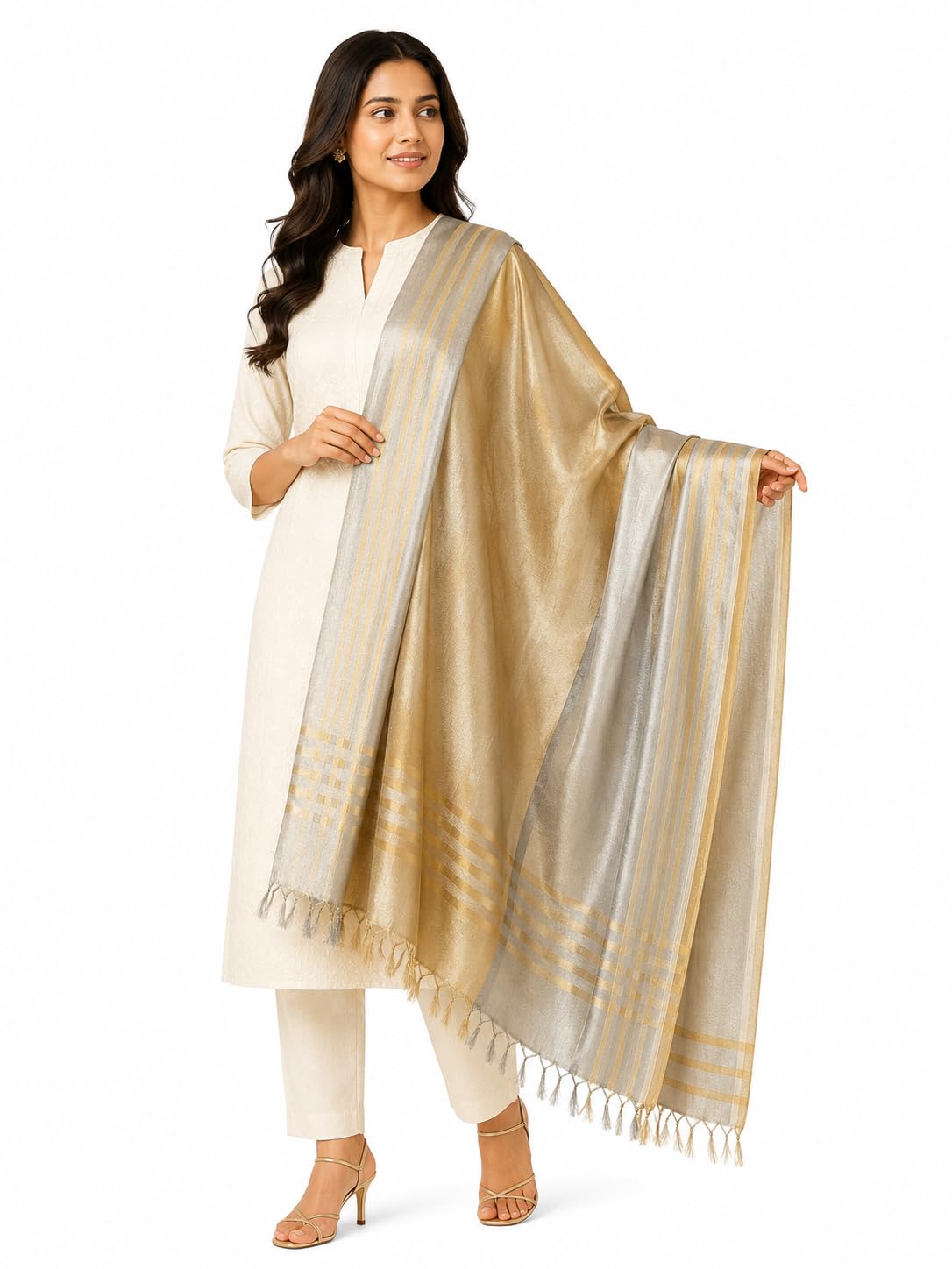 Firefly Double Tone(Gold and Silver) Tissue Silk Dupatta for Women-picture-52