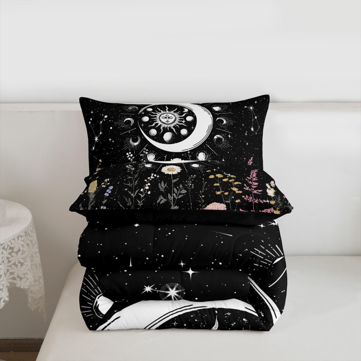 Feelyou Sun and Moon Decor Bedding Set Twin Size Girl Bohemian Comforter Sets Kids Boys Boho Exotic Style Black and White Cute Galaxy Stars Comforter Botanical Floral Plant Quilt Set with 1 Pillowcase