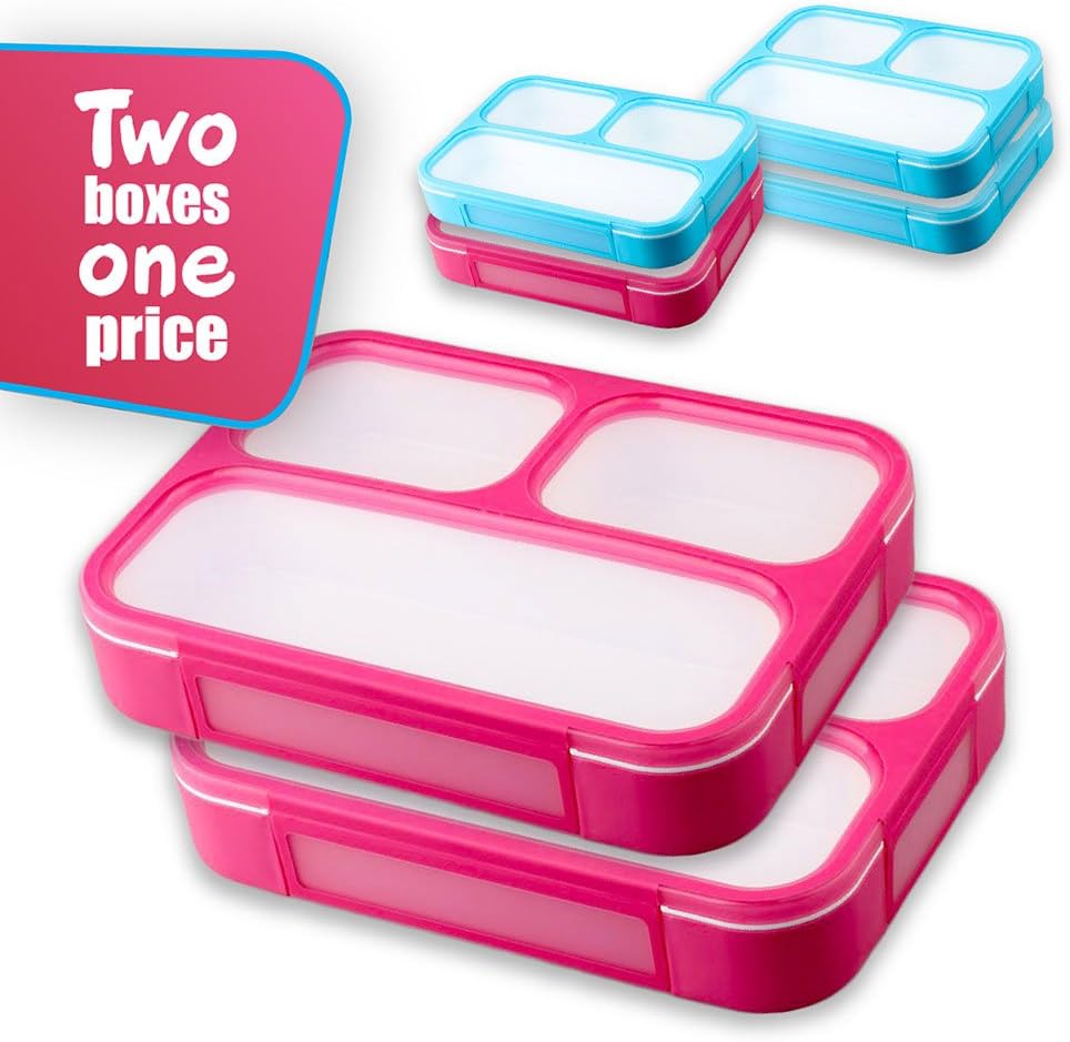 Bento Lunchboxes - 2 Pack - Lunch Containers with 3 Compartments - Great for Kids or Adults - Microwave, Dishwasher and Freezer Safe - Premium Quality
