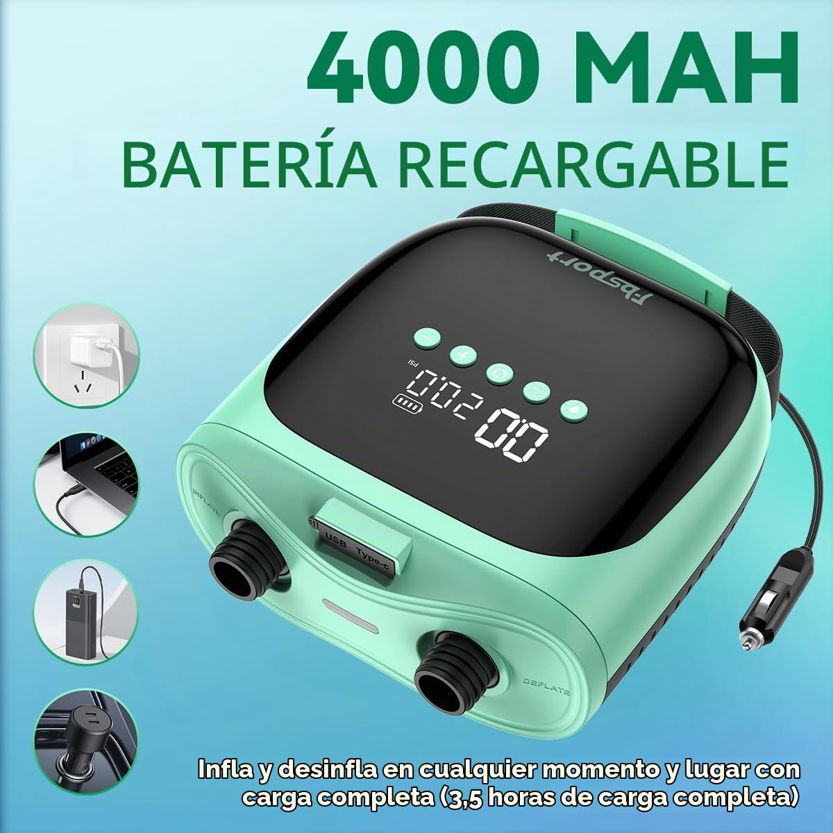 FBSPORT Inflador Electrico Paddle Surf Recargable 4000mAh Batería & 12V DC, 20PSI Bomba de Aire Eléctrica con Función de Apagado Automático y LCD Hinchador para Kayak Colchón de Aire Tienda y Barco