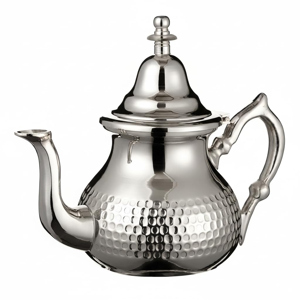 Moroccan Silver Teapot Perfect for Mint Tea Includes Handle Cover and Integrated Filter Authentic with a Classical Hammered Design Handmade Capacity 800 ML About 6 Tea Glasses (Large)