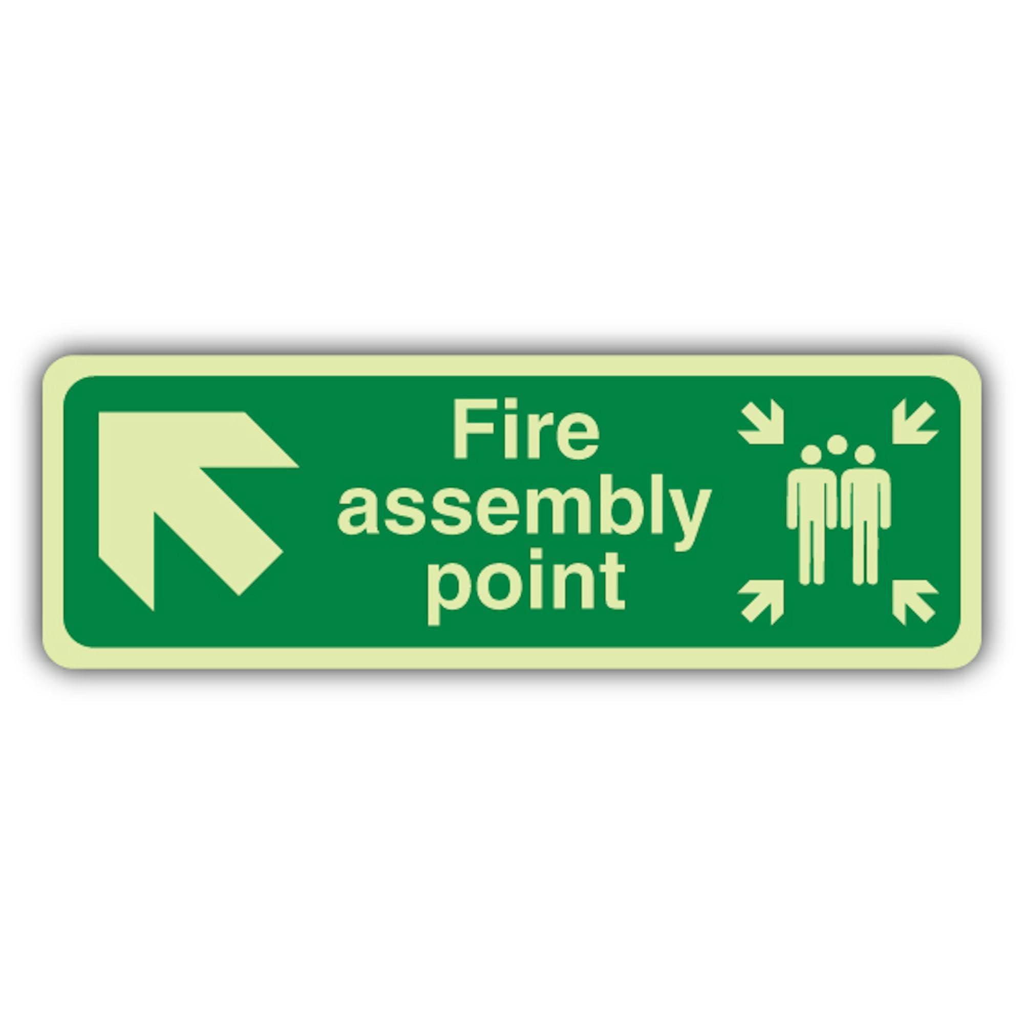 V Safety - Señal de seguridad que brilla en la oscuridad con el punto de montaje del fuego con flecha arriba a la izquierda, 750 x 250 mm, hecha de vinilo autoadhesivo de doble brillo, señalización de