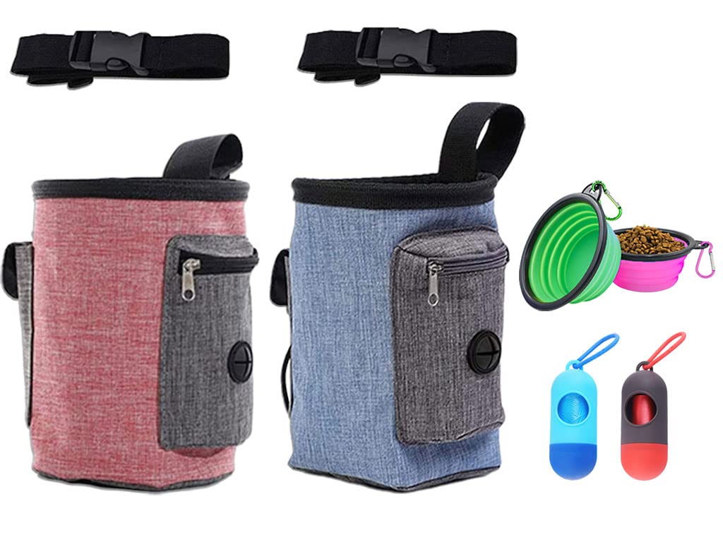 Kellegour 2 pcs Bolsa de Comida para Perros,Aperitivos para Mascotas Bolso,Azul,Rosa,con 2 Cuencos Plegables+2 Dispensador de Bolsa Caca,Bolso de Entrenamiento de Perro,para Uso al Aire Libre