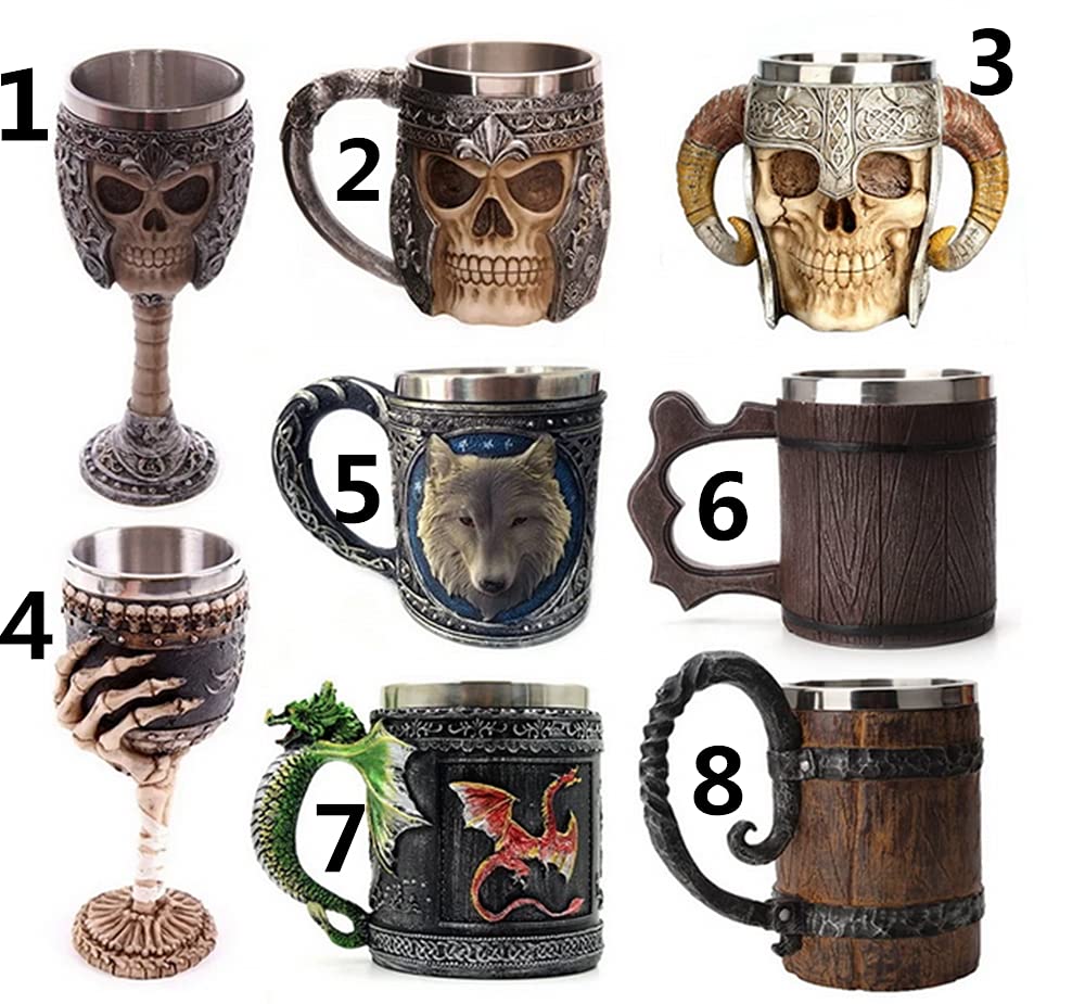 Stainless Steel Double Handle Horn Skull Beer Cup, Viking Warrior Skull Mug Tankard, Medieval Skull Drinkware Mug for Coffee/Beverage/Juice 17oz. (4)