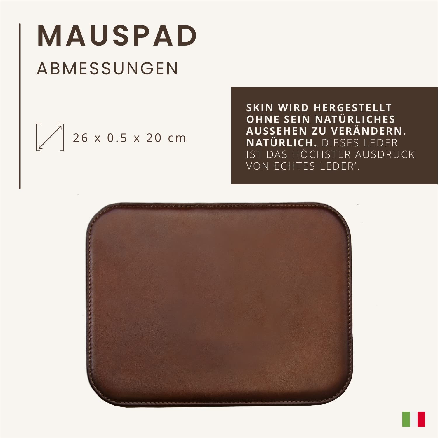 Maruse Leder Mauspad – Italienisches Vollleder – Für Büro & Home Office Mousepad – Handgefertigt in Italien – Braun