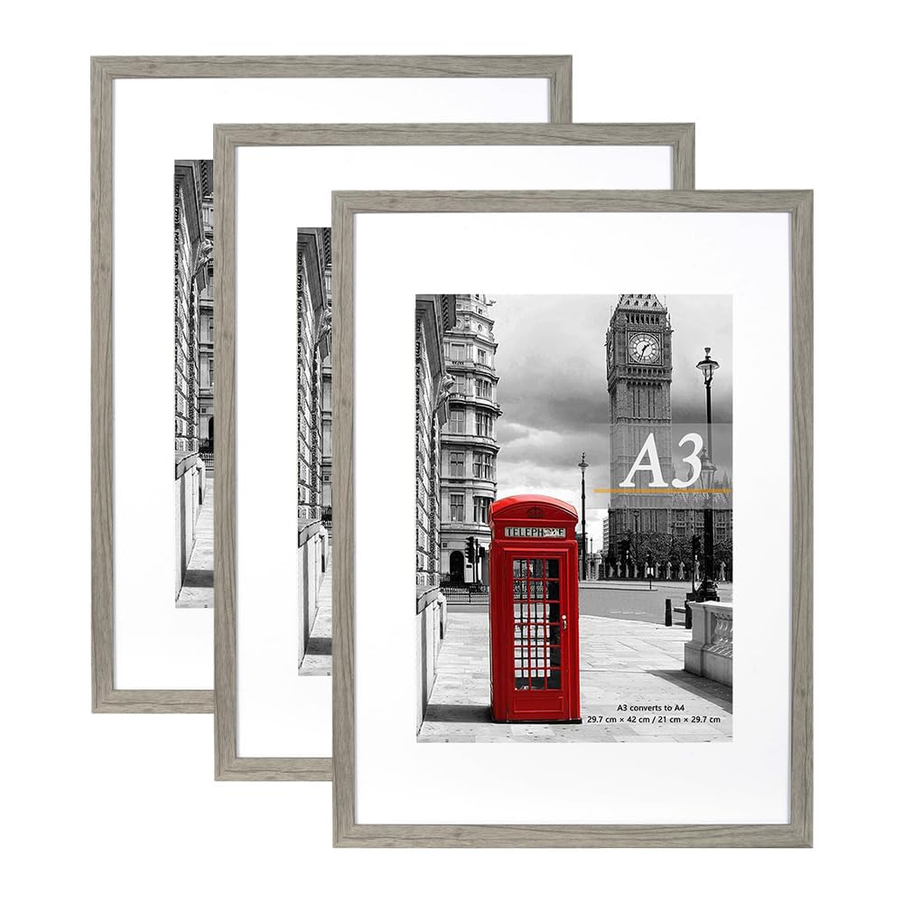 Scholar Tree Cement Grey Photo Frame Picture Frames, A3 with Mat for A4 Mount Picture, Set of 3, Wall Mountable