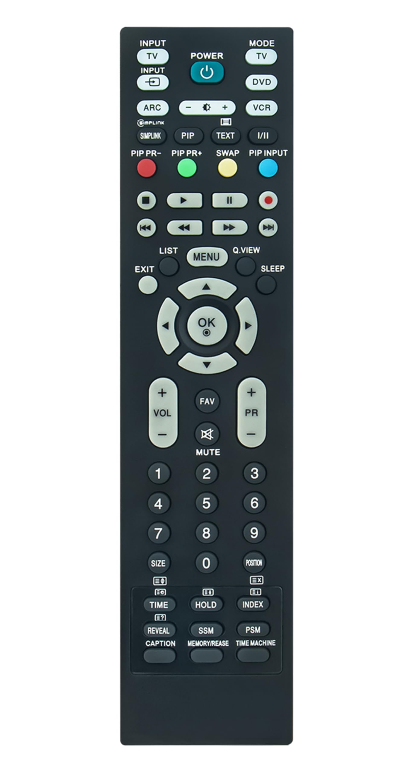 A couple sitting on a couch, with the woman holding the AULCMEET RM-D657 remote control and pointing it towards a large TV displaying a scenic landscape.