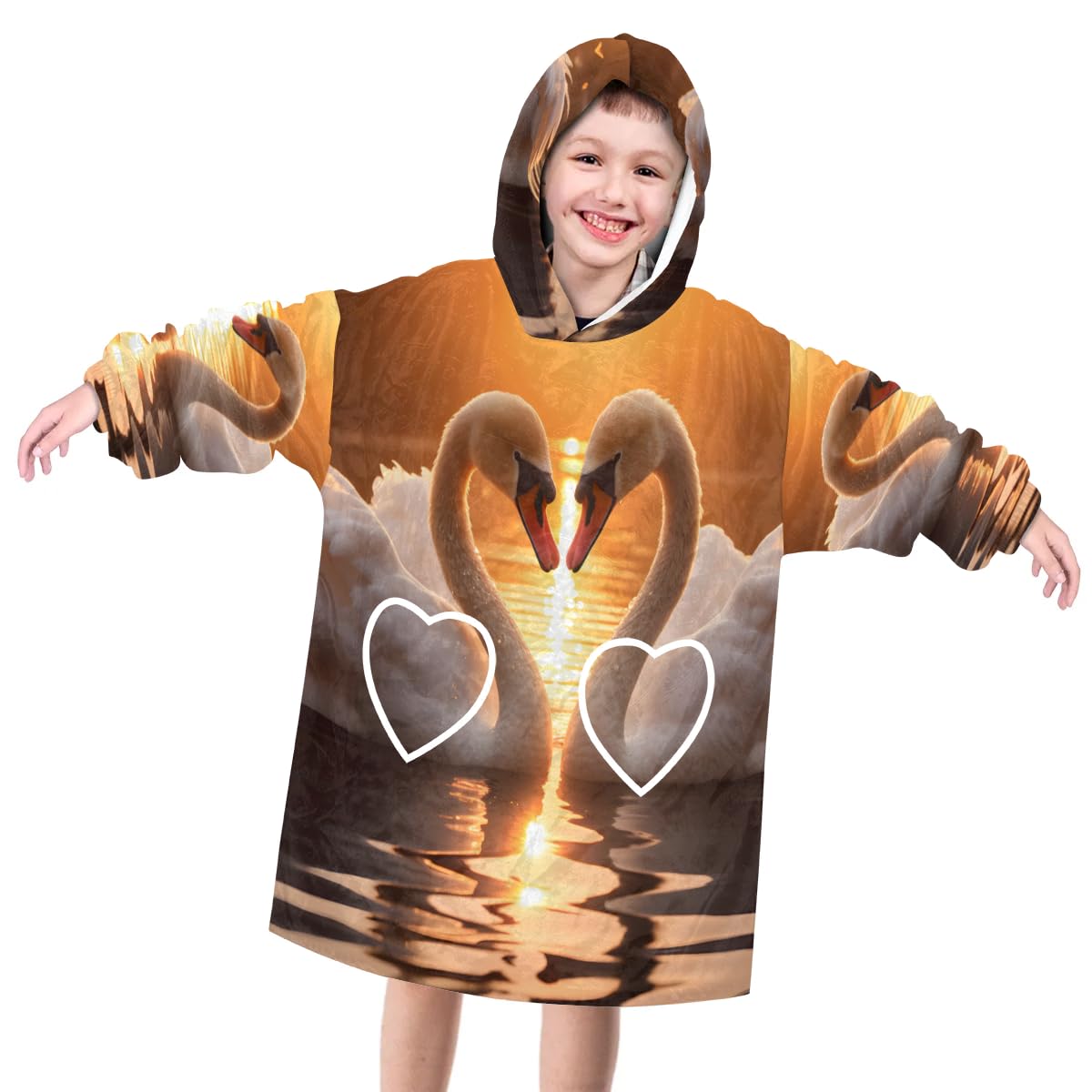 Wearable Blanket Hoodie for Kids, Cartoon Swan Fleece Sweatshirt Blanket Oversized Blanket Sweatshirt with Pocket Flannel Warm Hooded Blanket 6-10 Year Old Girl Boy Gift, One Size