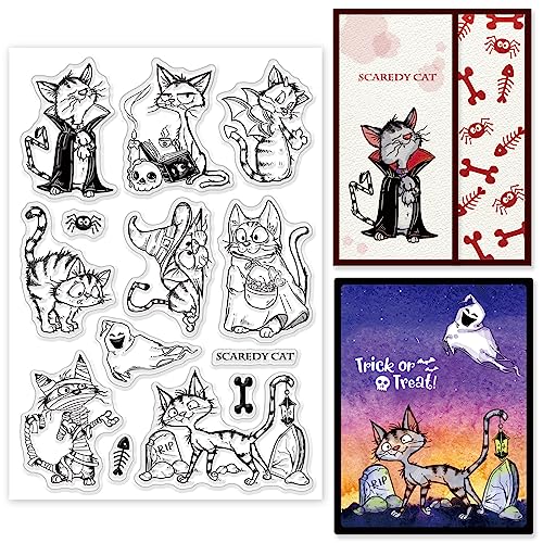 INFUNLY Halloween-Katze Transparenter Stempel Angstkatze Silikonstempel Für Kartenherstellung Geist Transparenter Gummistempel Für DIY Tagebuch...