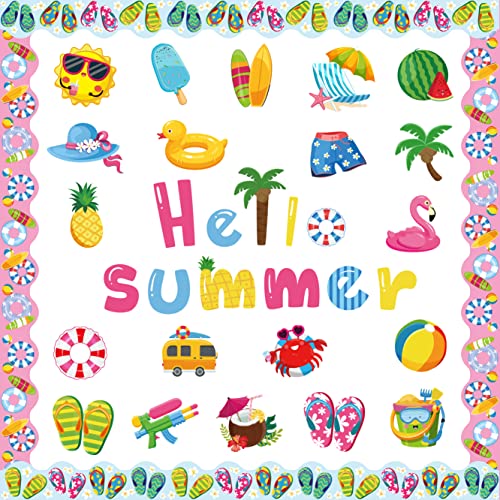 67 Pcs Hello Summer Cutouts, Summertime Bulletin Board Decoration Hawaiian Luau Beach Accents Diy Paper Cutouts With 100Pcs Glue Points Seasonal Classroom Decor For School Kindergarten Party Supplies #TOP12