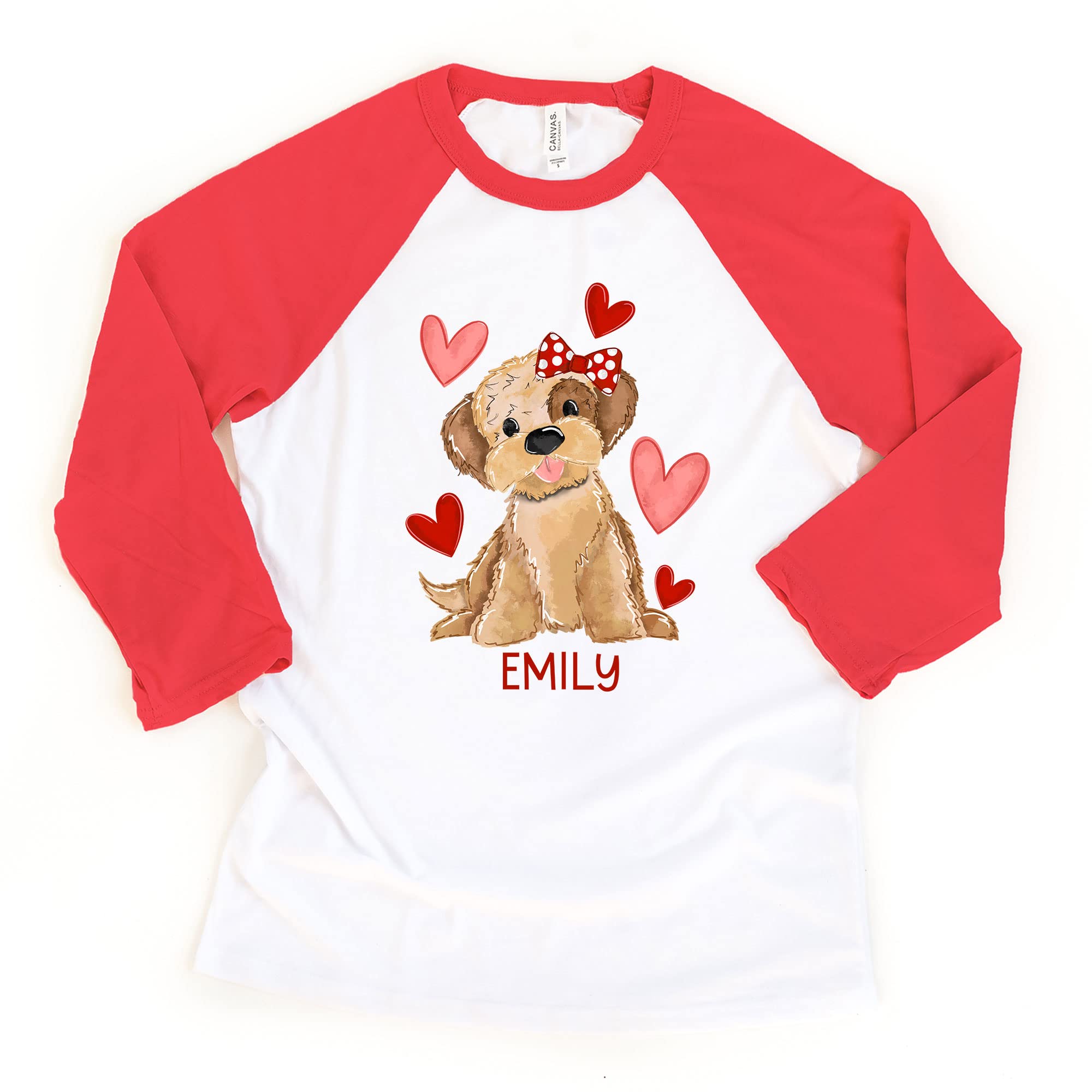 Little Spunkies Personalized Girl Puppy with Name Valentine's Day Toddler Tee & Raglan Tee (Custom) (2T, 3/4 Sleeve Red Raglan)