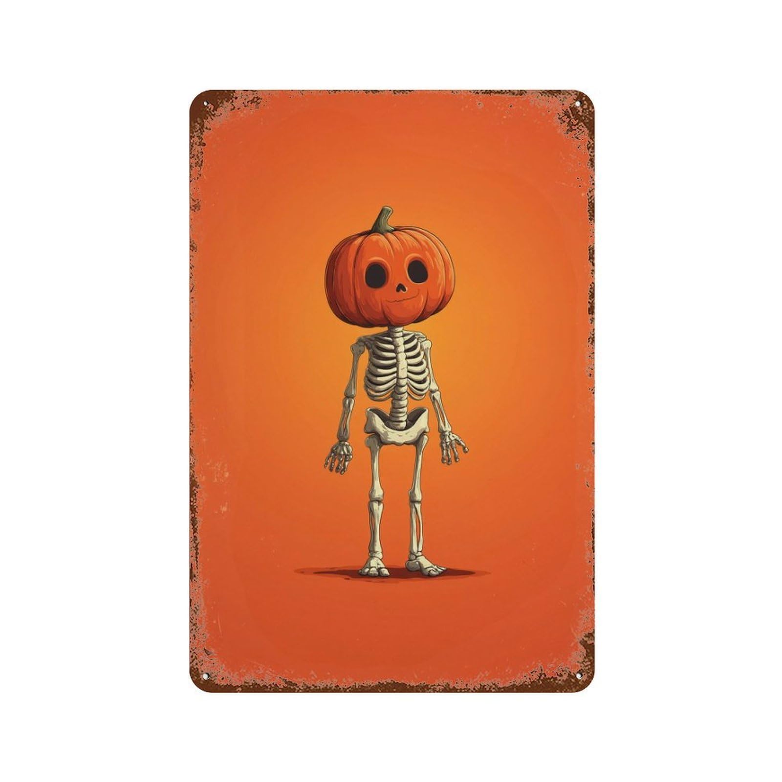 Distressed Metal Wall Sign Pumpkin Head Skeleton Halloween Art Print 11.8"x7.9", Old School Wall Decor for Bistro, Counter And Cafe Decor