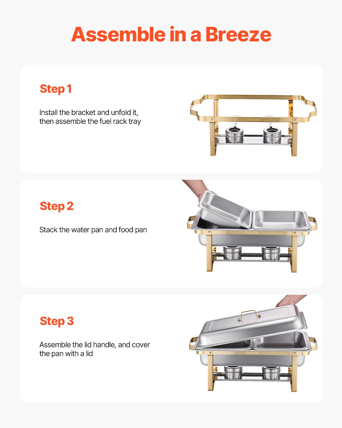 VEVOR Chauffe-Plat 4PCs 7,5 L, Buffet Chauffant Rectangulaire, Réchaud en INOX, avec 2 Bacs Pleine Taille, 6 Bacs Demi-Taille et Couvercle, pour Buffet Libre-Service Hôtel Traiteur Restauration, Doré