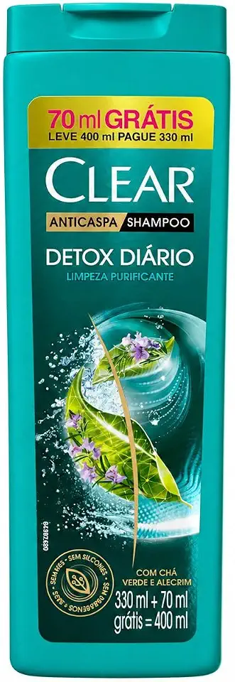 Shampoo Clear Feminino Anticaspa Detox Diário, Limpeza Purificante, Com Chá Verde e Alecrim, Sem Silicones, Parabenos e Corantes, 400 ml