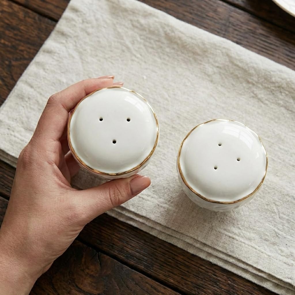 Embossed Porcelain Salt and Pepper Shaker Set with Gold Leaf Rim, Cream White, 2-Piece, 1.97 x 2.76 Inches