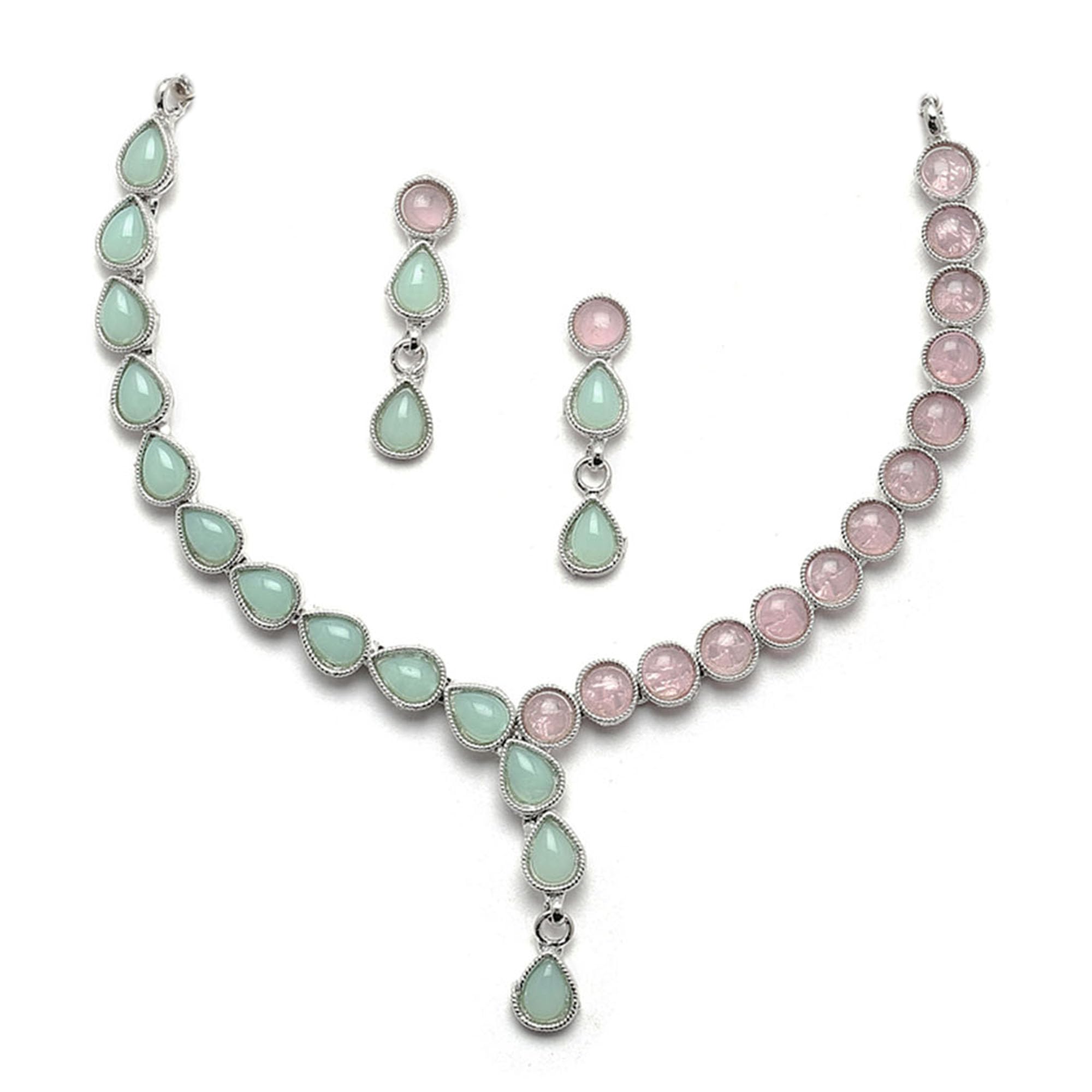 ZENEME Oxidised Silver-Plated Dual Shaped American Diamond Studded Necklace with Earring Jewellery Set for Girls and Women (Lime Green-Pink) (B0C1TC8FYC) Amazon Price History, Amazon Price Tracker
