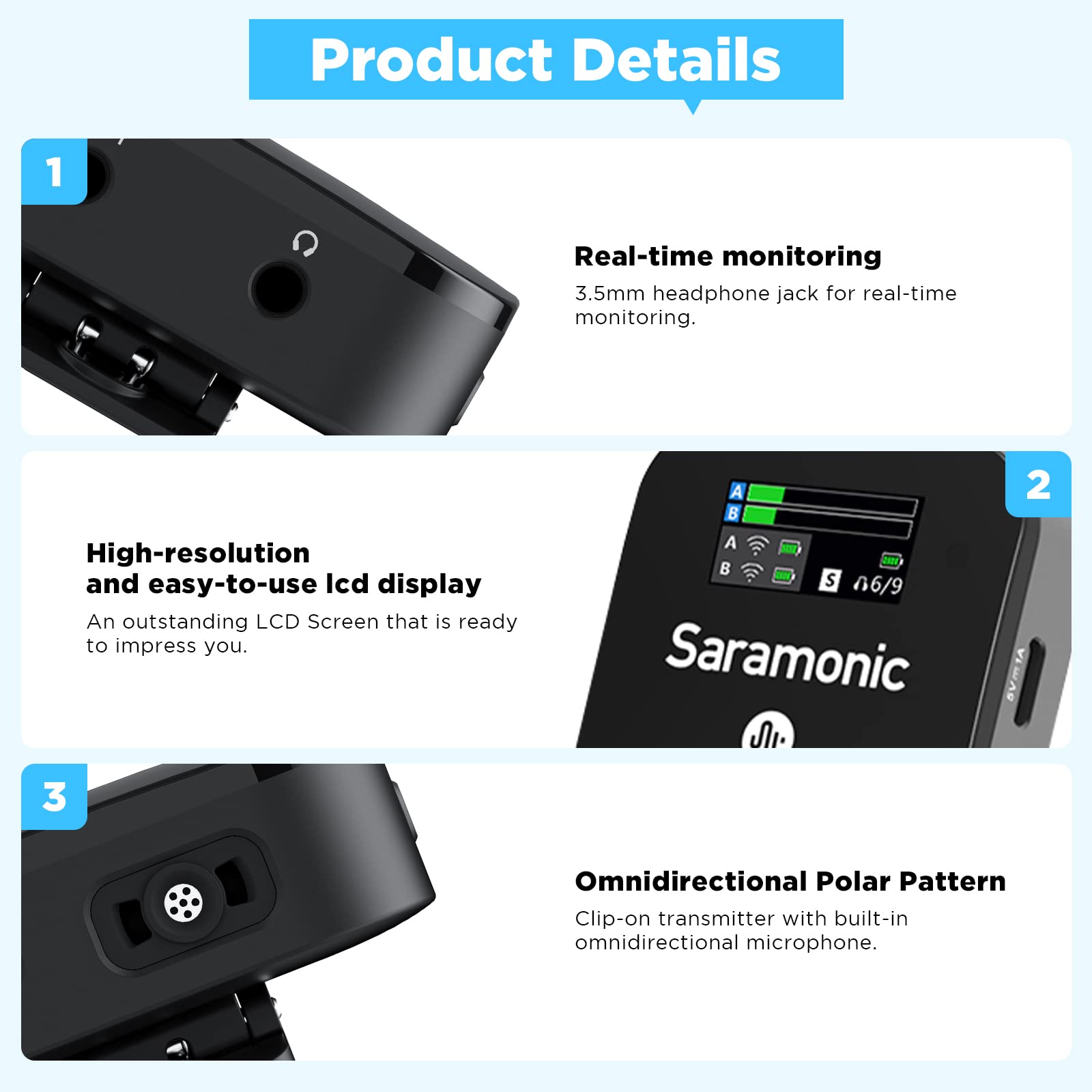 Saramonic Blink900 Pro B1 Micrófono Lavalier inalámbrico, 2.4 GHz micrófono de Solapa inalámbrico con Pantalla OLED para cámara de Video DSLR, iPhone, Android, portátil