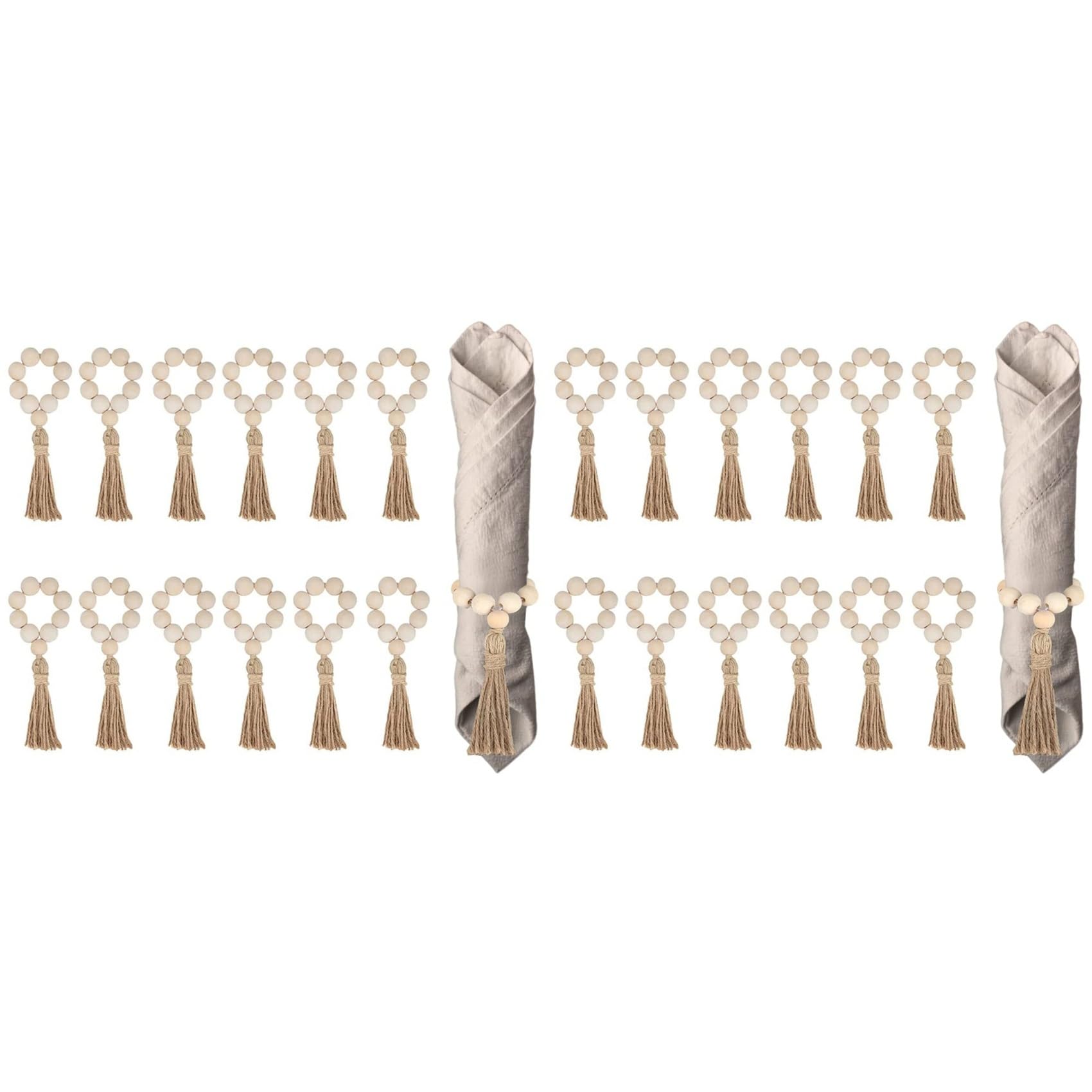Aundhegrtt 24PCS Natural Wooden Beads Napkin Rings with Tassels Napkin Holders for Christmas Farmhouse Wedding Home Table Decor