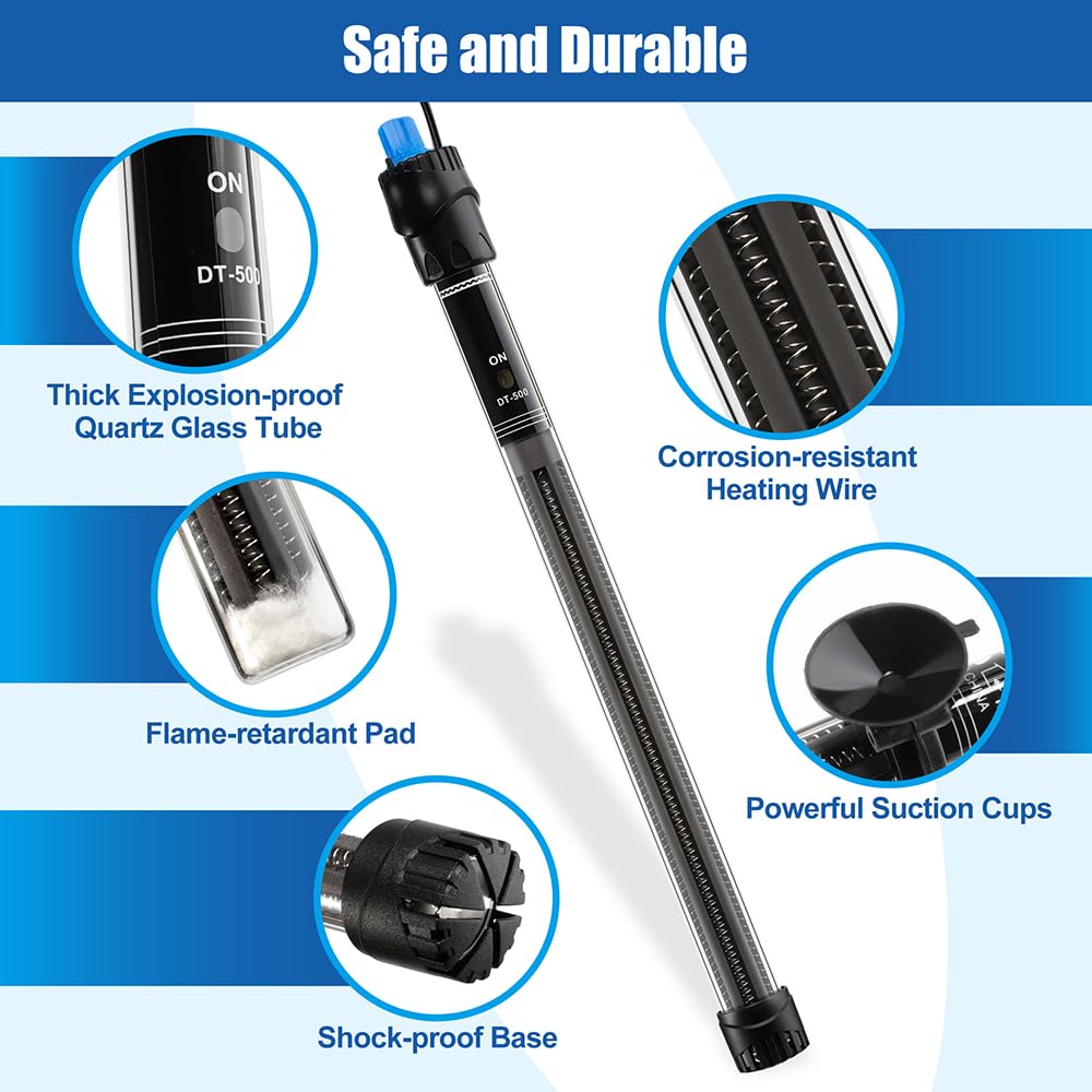 DaToo Chauffage d'aquarium submersible 500 W 500 W Thermostat réglable avec 2 ventouses et un thermomètre numérique gratuit pour eau salée et eau douce