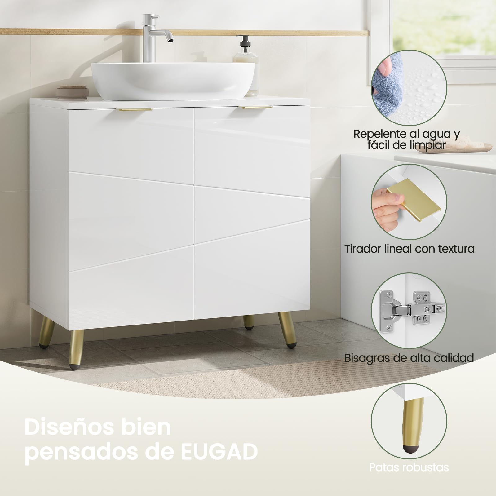 EUGAD Armario Bajo Lavabo de Baño Blanco, Mueble Armario con Orificio Sifón 12,5x18,5 cm, 60x30x60 cm